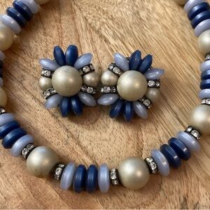 Vintage chunky necklace and clip earrings set blue beads rhinestones faux pearls